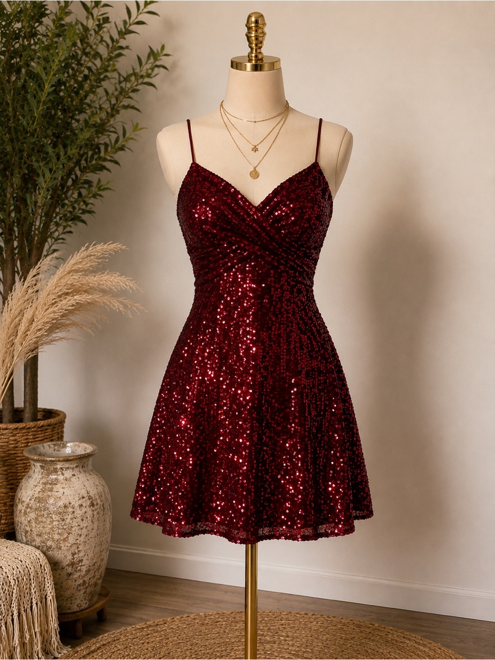 Lulu's Burgundy Sequin Spaghetti-Strap Mini Dress 12”-14” stretch waist 24” long